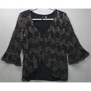 Women's Shirt NEW DIRECTION size 2X‎ Black & Gold Sparkly Blouse Club Wear